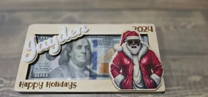 Personalized Wood & Acrylic Christmas Money Cash Envelope Holders with Santa and Elves. Cool Santa, Black Santa Claus, Sunglasses, or Elf
