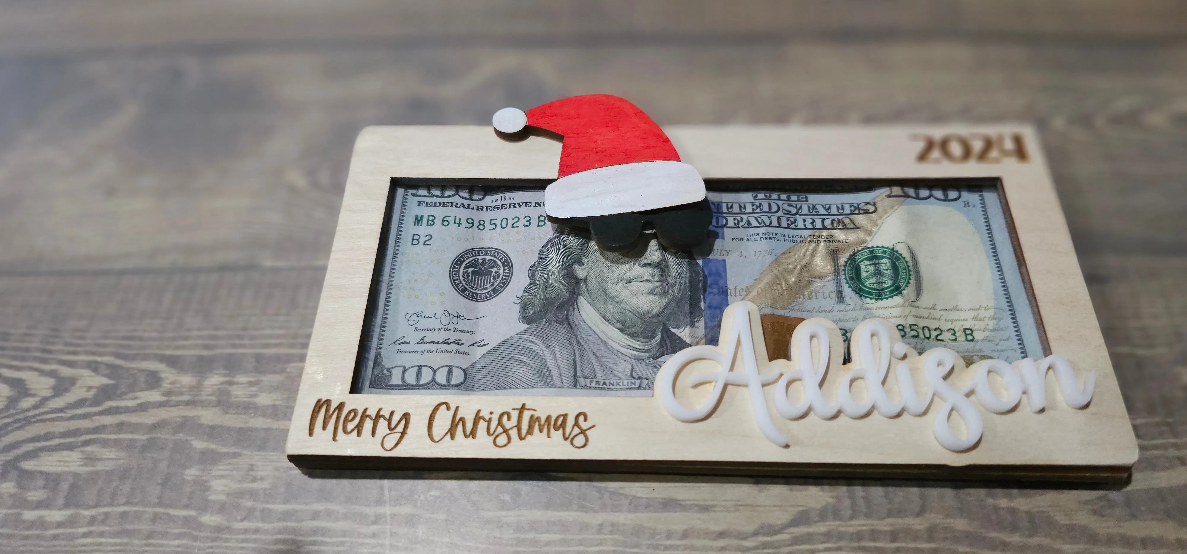 Personalized Wood & Acrylic Christmas Money Cash Envelope Holders with Santa and Elves. Cool Santa, Black Santa Claus, Sunglasses, or Elf