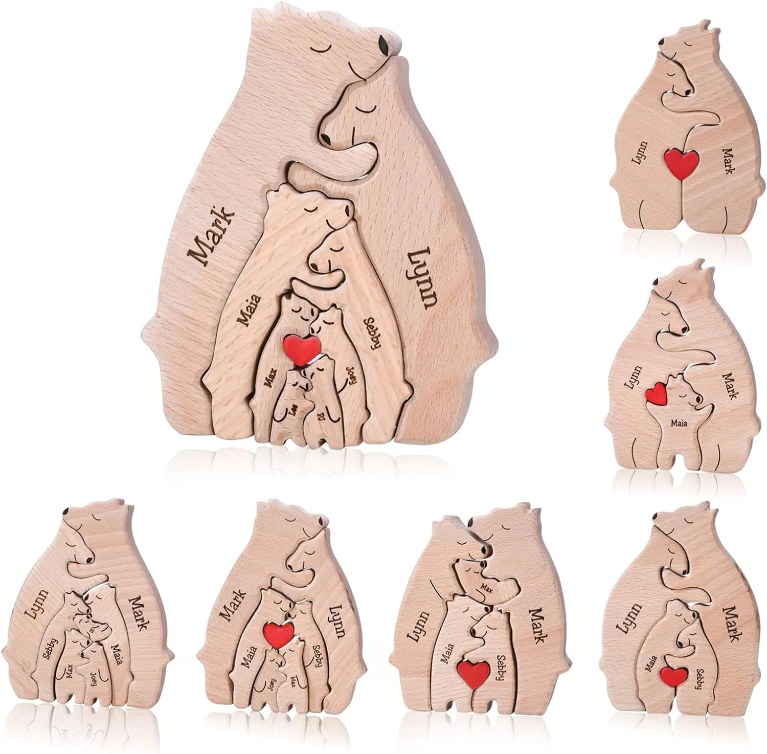 Personalized Wooden Puzzle with 2-8 Family Name,Wooden Bear Puzzle,Customizable Wooden Puzzle for Home Decor and Thoughtful Gifts,Birthday for Mom, Dad (Polar Bear)