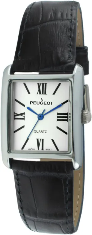 Peugeot Women's Silver-Tone Tank Shape Leather Dress Watch with Roman Numerals, Black