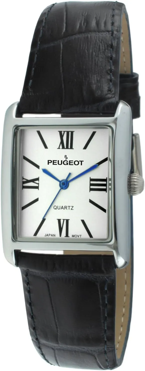 Peugeot Women's Silver-Tone Tank Shape Leather Dress Watch with Roman Numerals, Black