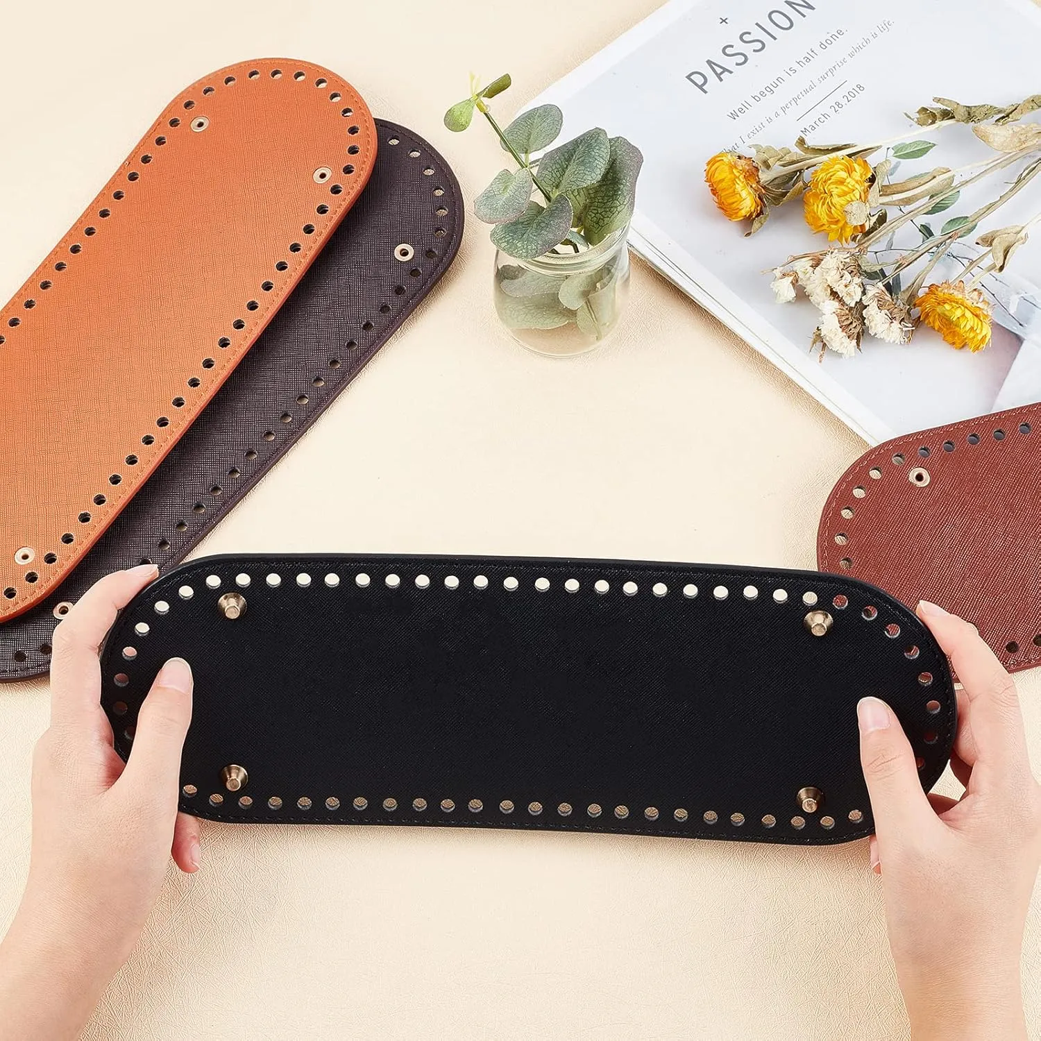 PH PandaHall 4pcs PU Leather Bag Bottom 30x10cm/11.8x3.9" Oval Bag Base Bags Insert Cushion Base Nail Bottom Shaper with Holes for DIY Knitting Crochet Bags Handbag Tote Bucket Purse, 4 Colors