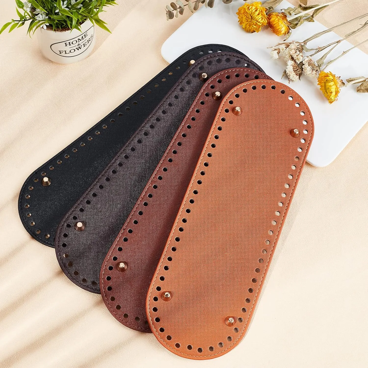 PH PandaHall 4pcs PU Leather Bag Bottom 30x10cm/11.8x3.9" Oval Bag Base Bags Insert Cushion Base Nail Bottom Shaper with Holes for DIY Knitting Crochet Bags Handbag Tote Bucket Purse, 4 Colors