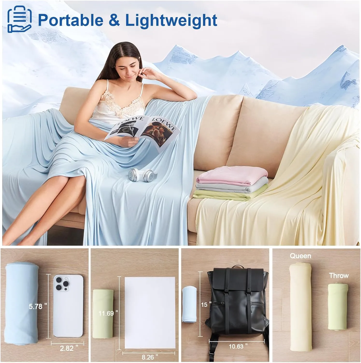 PHF Reversible Double Cooling Blanket Throw Size, Ultra Soft Arc-Chill Q-Max>0.5 Thin Summer Single Layer for Hot Sleepers, Breathable Lightweight Portable Silky for Home Office Travel Car, Ice Blue