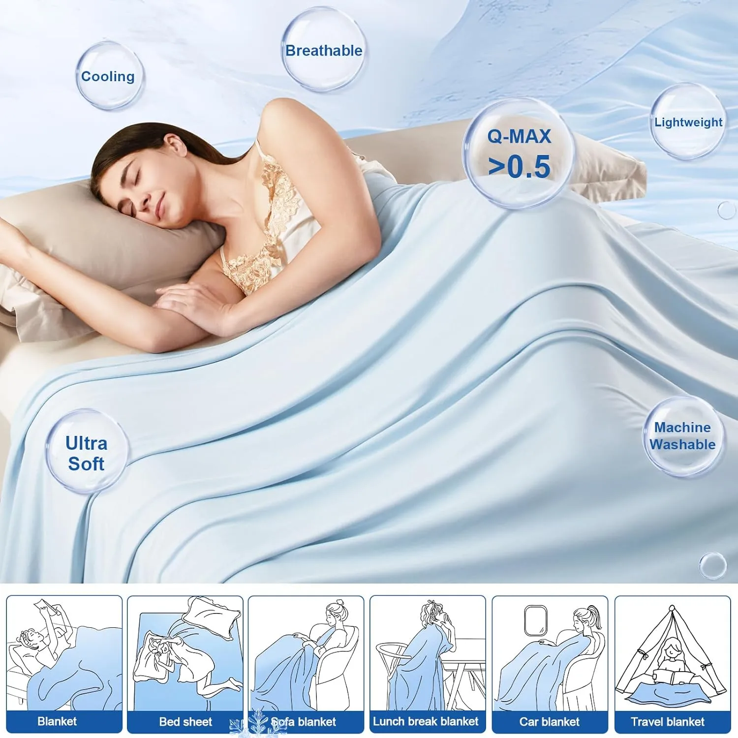PHF Reversible Double Cooling Blanket Throw Size, Ultra Soft Arc-Chill Q-Max>0.5 Thin Summer Single Layer for Hot Sleepers, Breathable Lightweight Portable Silky for Home Office Travel Car, Ice Blue