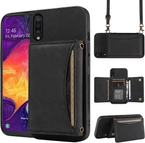 Phone Case For Samsung Galaxy A50 A50S A30S Wallet Cover with Crossbody Shoulder Strap and Leather Credit Card Holder Pocket Slim Stand Cell Accessories A 50 50S 30S S50 50A SM A505G Girls Black