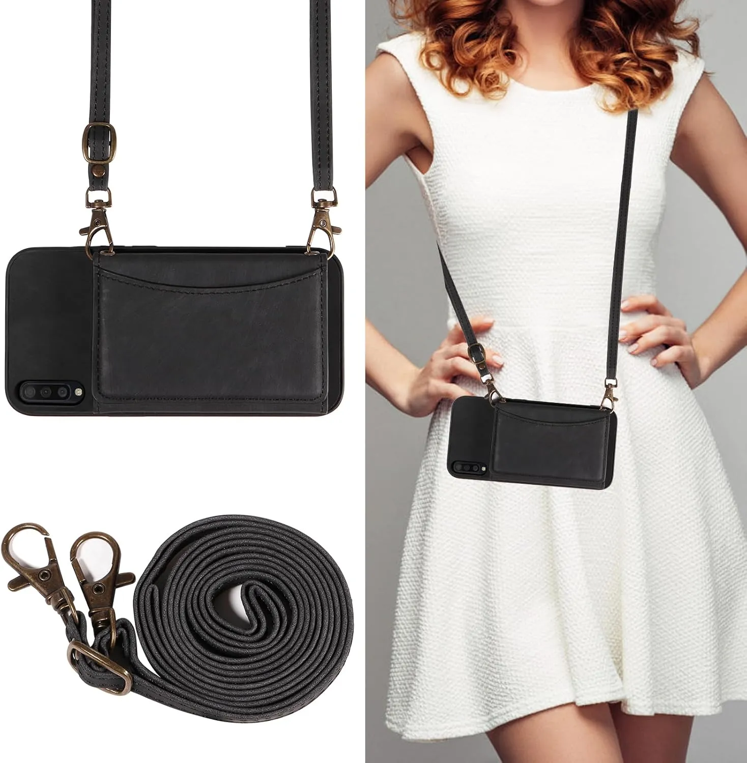 Phone Case For Samsung Galaxy A50 A50S A30S Wallet Cover with Crossbody Shoulder Strap and Leather Credit Card Holder Pocket Slim Stand Cell Accessories A 50 50S 30S S50 50A SM A505G Girls Black