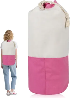 Pink Backpack Laundry Bag, Laundry Backpack with Shoulder Straps and Mesh Bag Durable Canvas Clothes Basket Bag with Drawstring Closure for University, Travel, Laundromat, Apartment