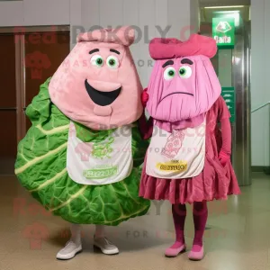 Pink Corned Beef And Cabbage mascot costume character dressed with a Skirt and Scarves, Large