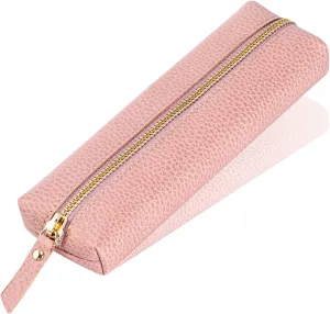 Pink Genuine leather case, Pen organizer for adults, Small pencil case for women.