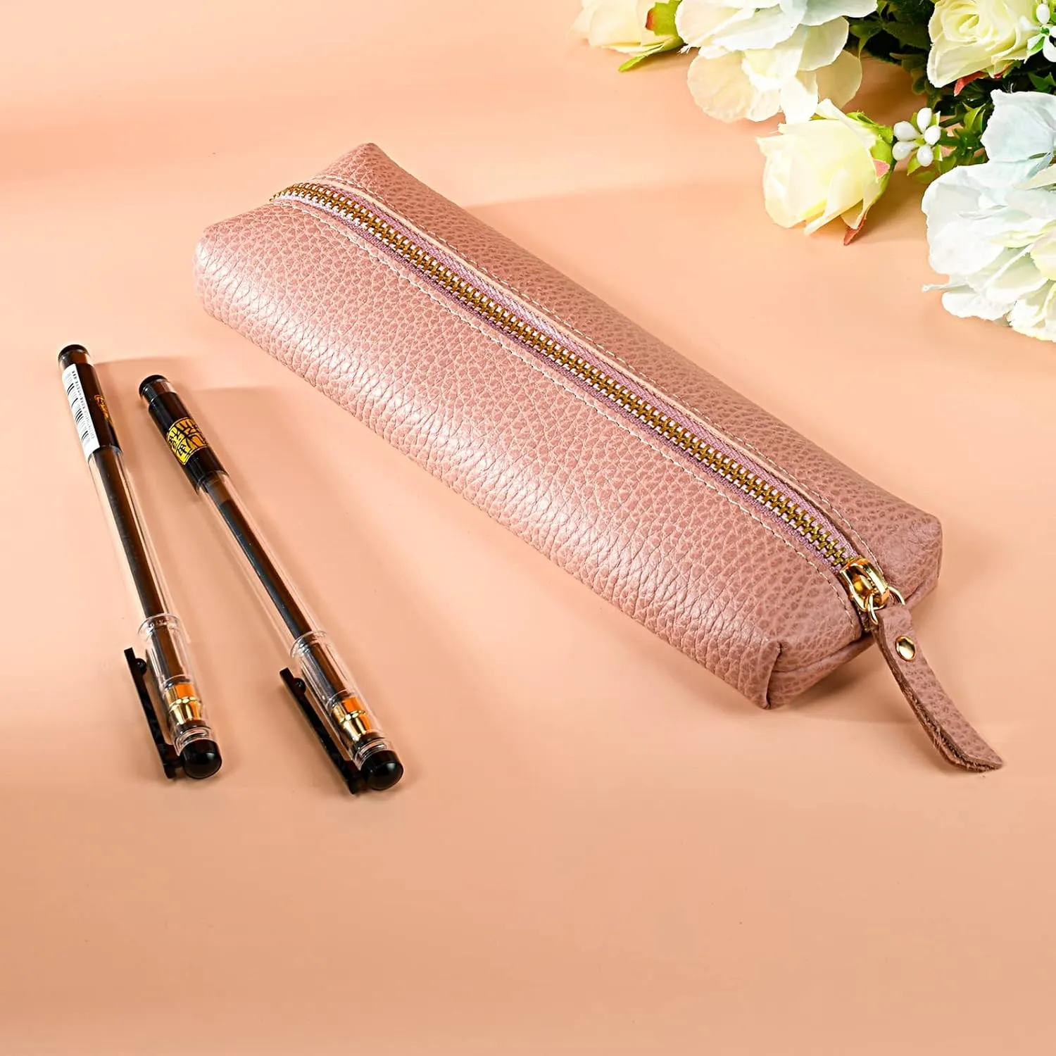 Pink Genuine leather case, Pen organizer for adults, Small pencil case for women.