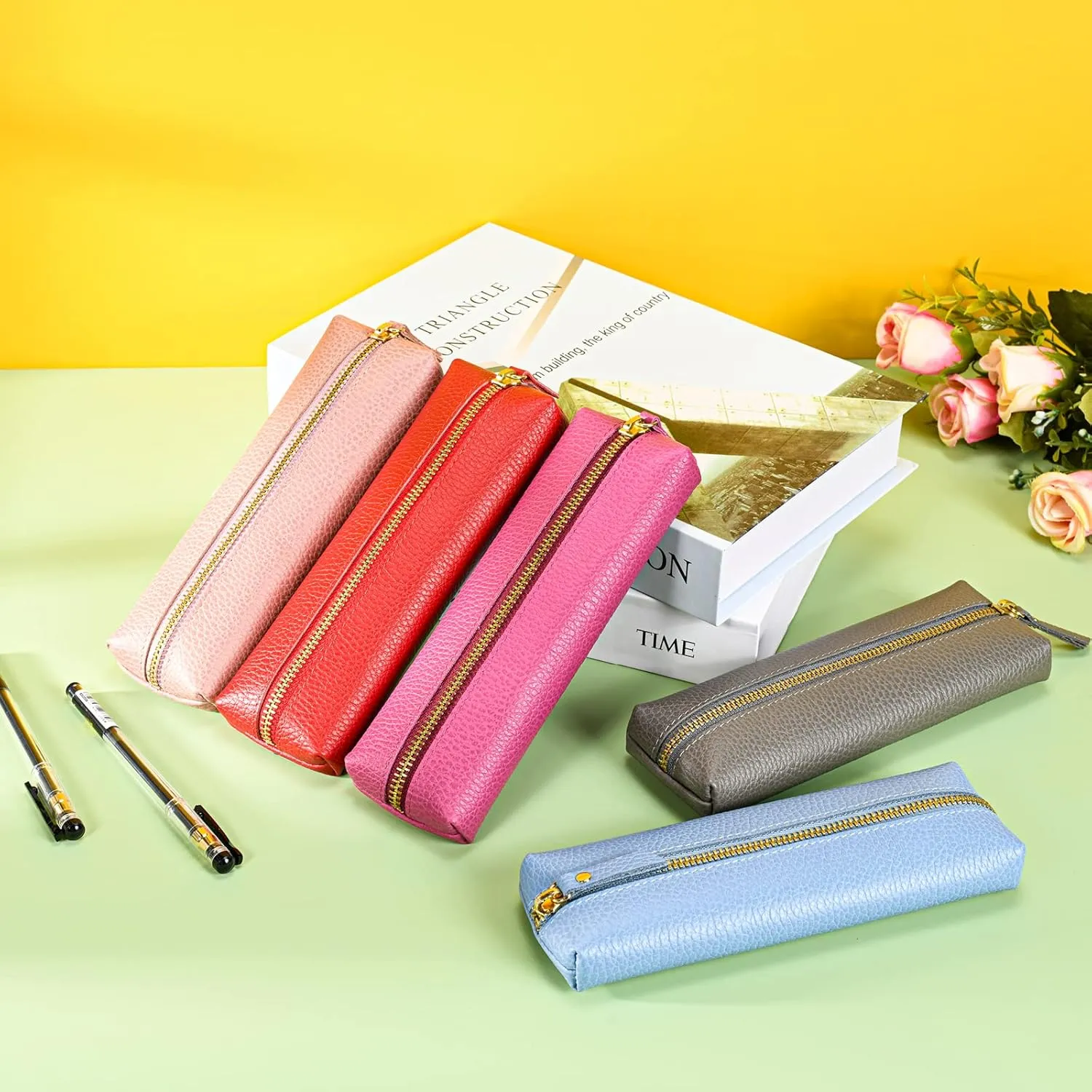 Pink Genuine leather case, Pen organizer for adults, Small pencil case for women.