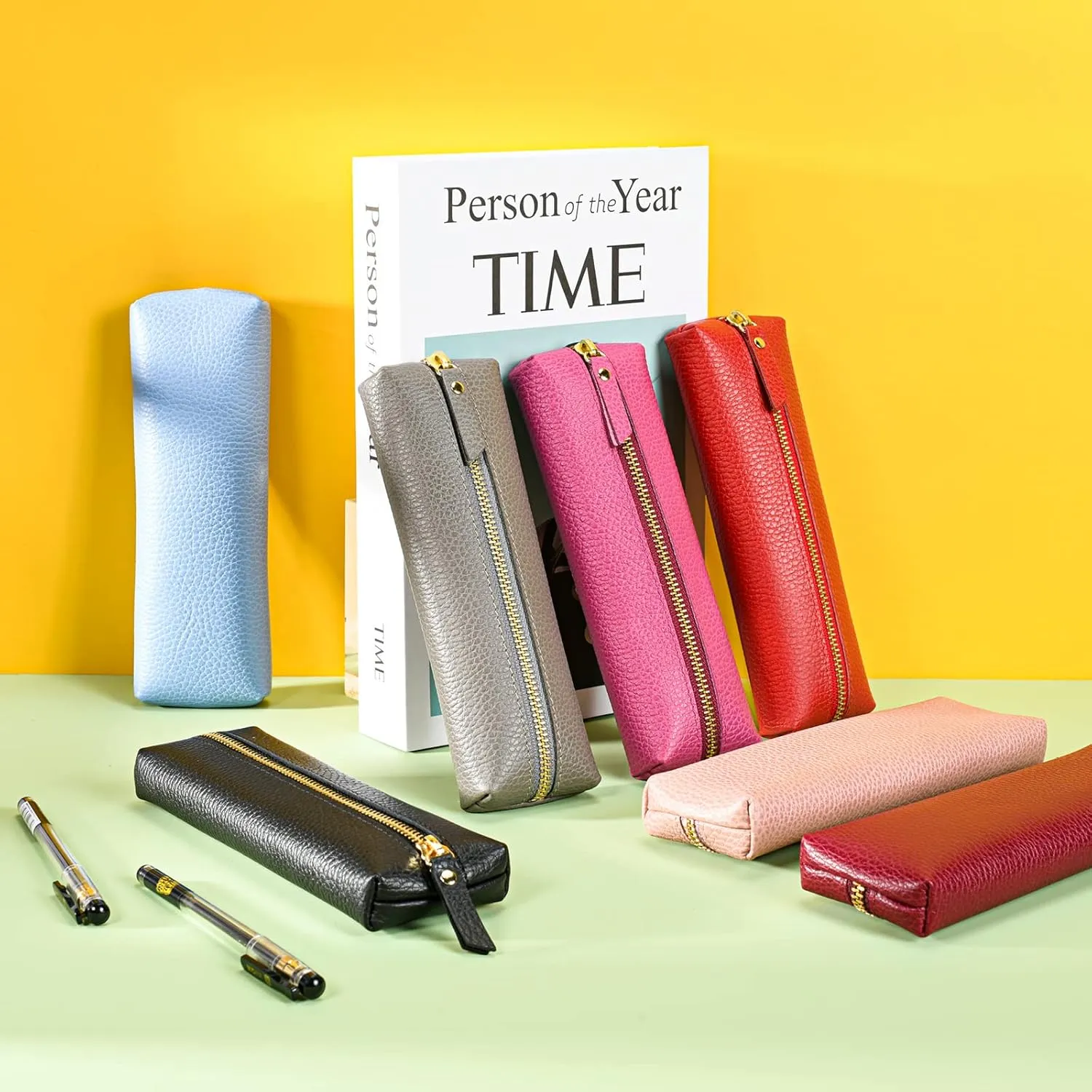 Pink Genuine leather case, Pen organizer for adults, Small pencil case for women.