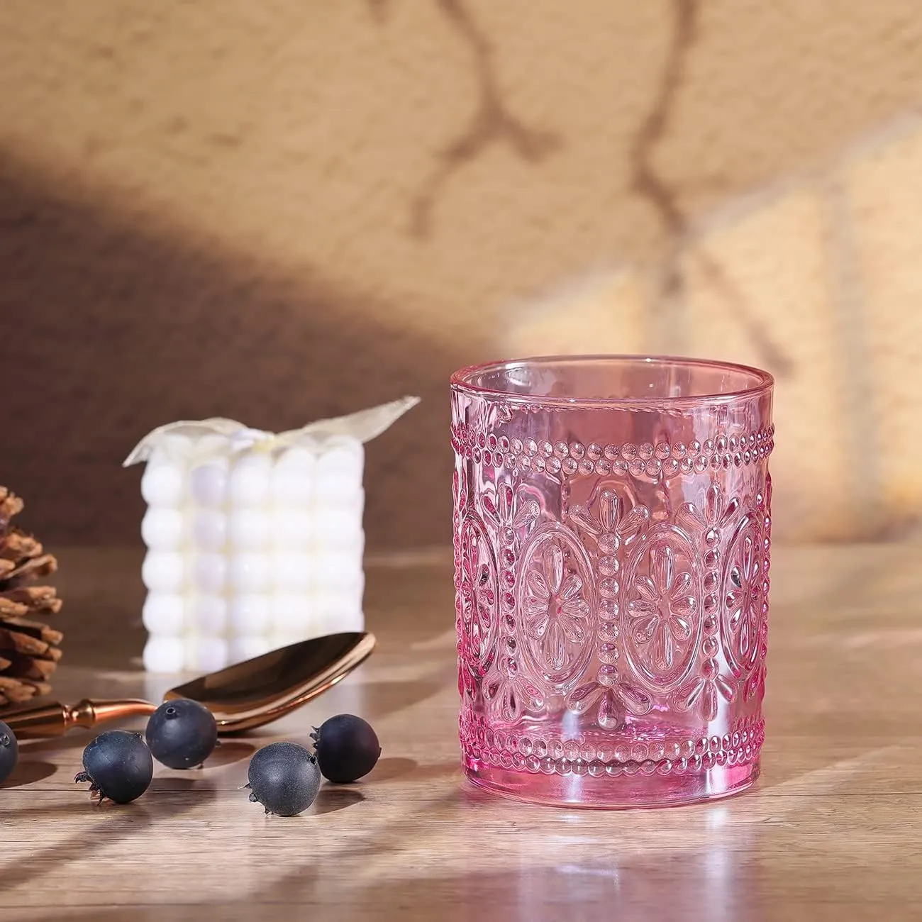Pink Glassware set of 4, Vintage Drinking Glasses, 10oz Pink Heavy Duty Glass Cups, Old Fashioned Glass, Embossed Glasses Set for Party Wedding Home Office Glassesware Gift
