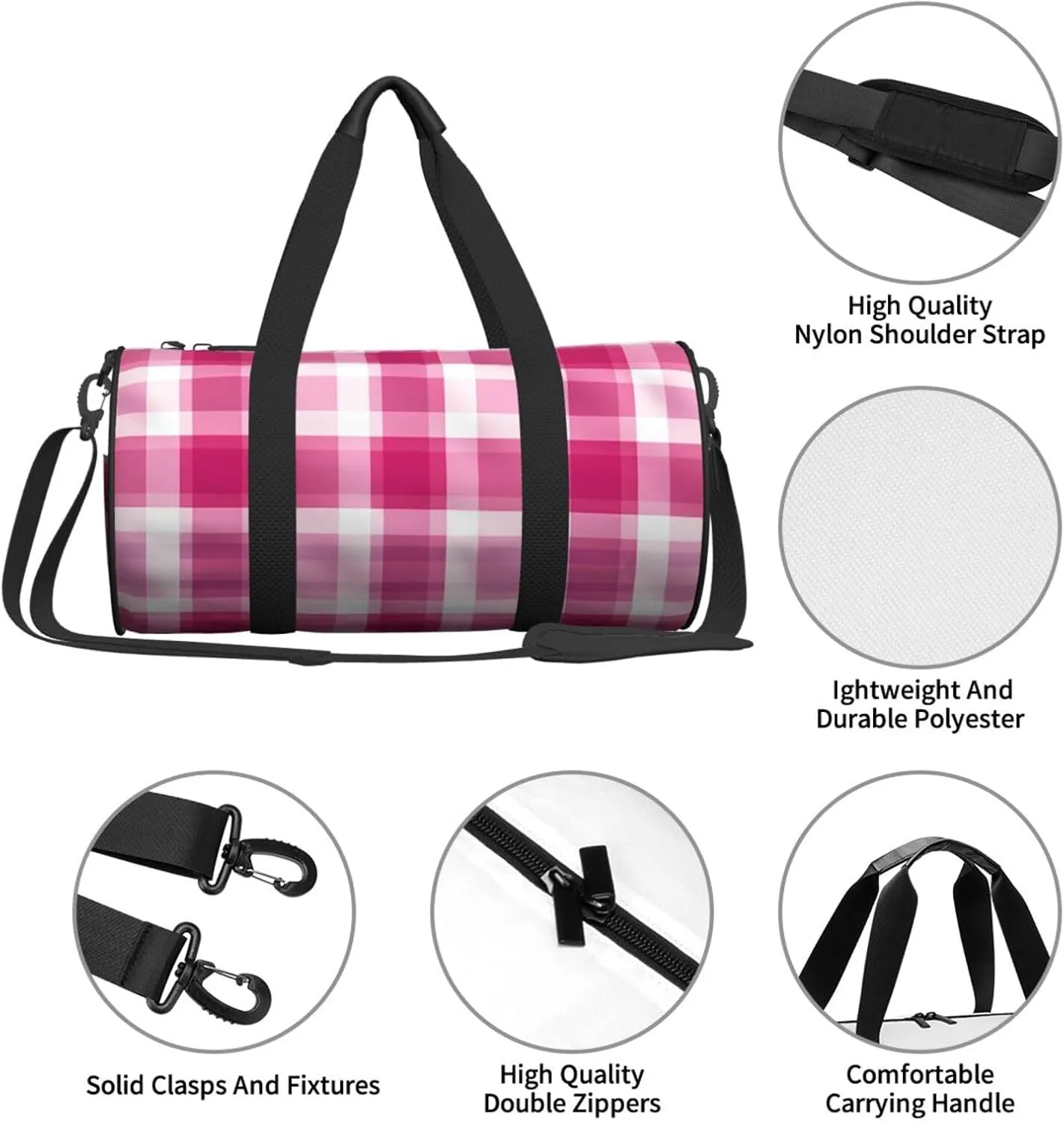 Pink Plaid Travel Duffle Bag for Men Women Sport Gym Bag Foldable Weekender Bag Carry on Overnight Bag for Travel Swimming Basketball