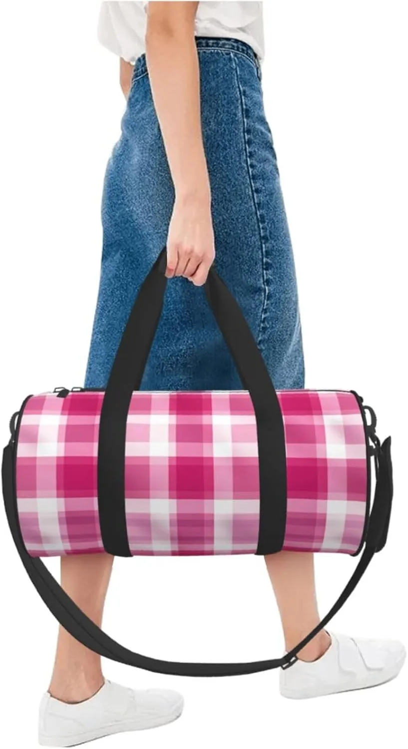 Pink Plaid Travel Duffle Bag for Men Women Sport Gym Bag Foldable Weekender Bag Carry on Overnight Bag for Travel Swimming Basketball