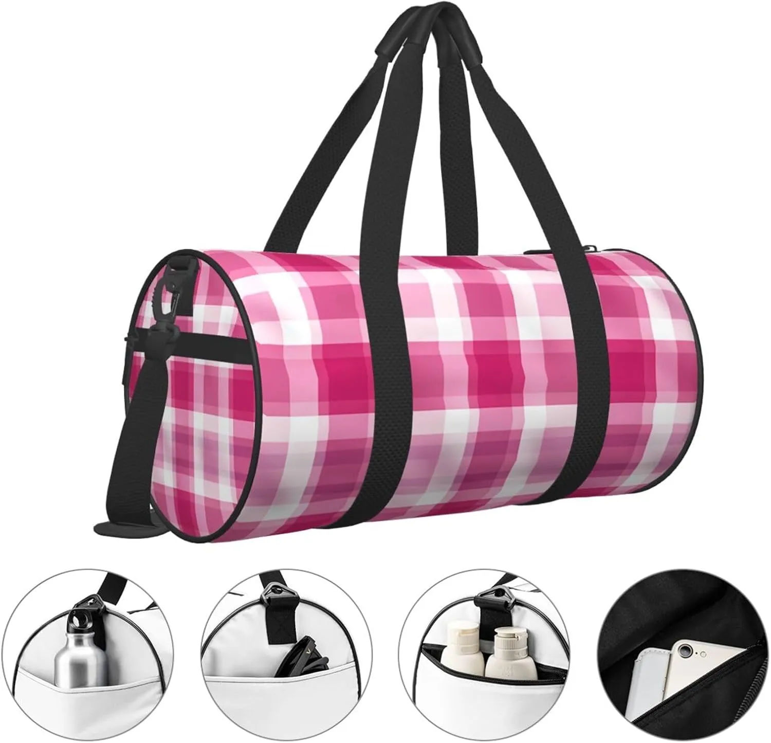 Pink Plaid Travel Duffle Bag for Men Women Sport Gym Bag Foldable Weekender Bag Carry on Overnight Bag for Travel Swimming Basketball
