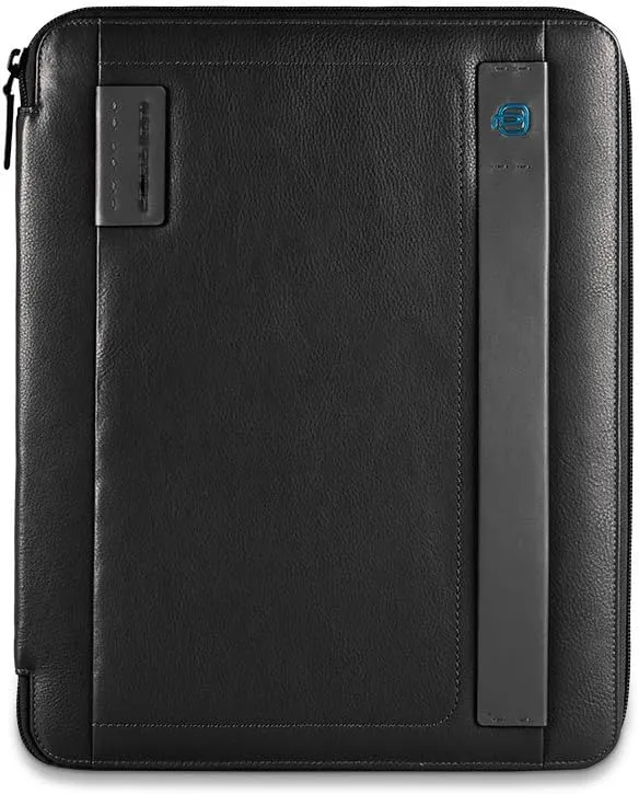 Piquadro Leather Slim Notepad Holder, A4 Format, with Zipper and Pen Loop, Black/Black, One Size