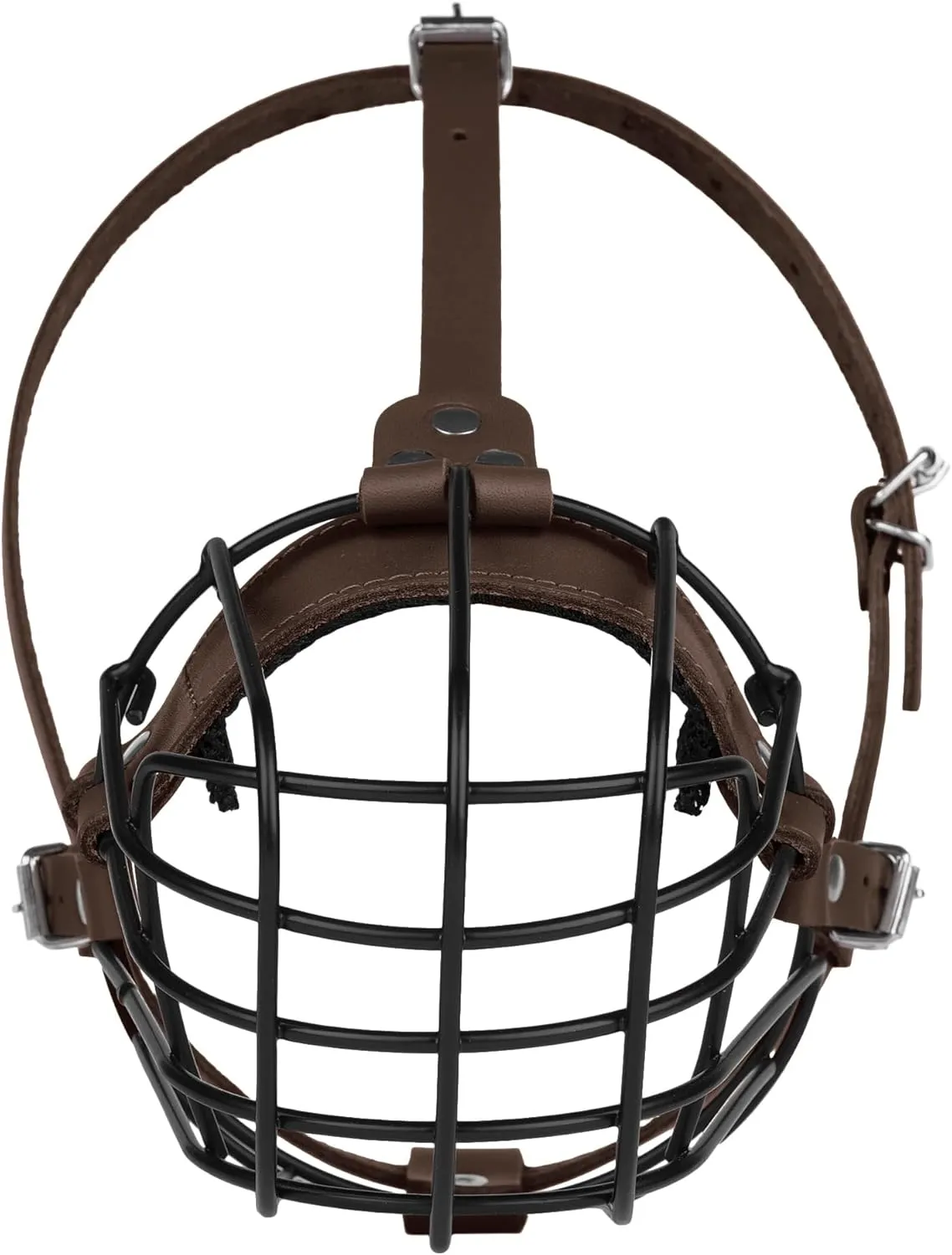 Pitbull Dog Muzzle Breathable Metal Basket for Large Dogs Amstaff Staffordshire Terrier Secure Wire Mask Adjustable Durable Leather Straps Biting Chewing Barking (Large, Dark Brown)