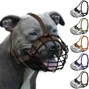 Pitbull Dog Muzzle Breathable Metal Basket for Large Dogs Amstaff Staffordshire Terrier Secure Wire Mask Adjustable Durable Leather Straps Biting Chewing Barking (Large, Dark Brown)