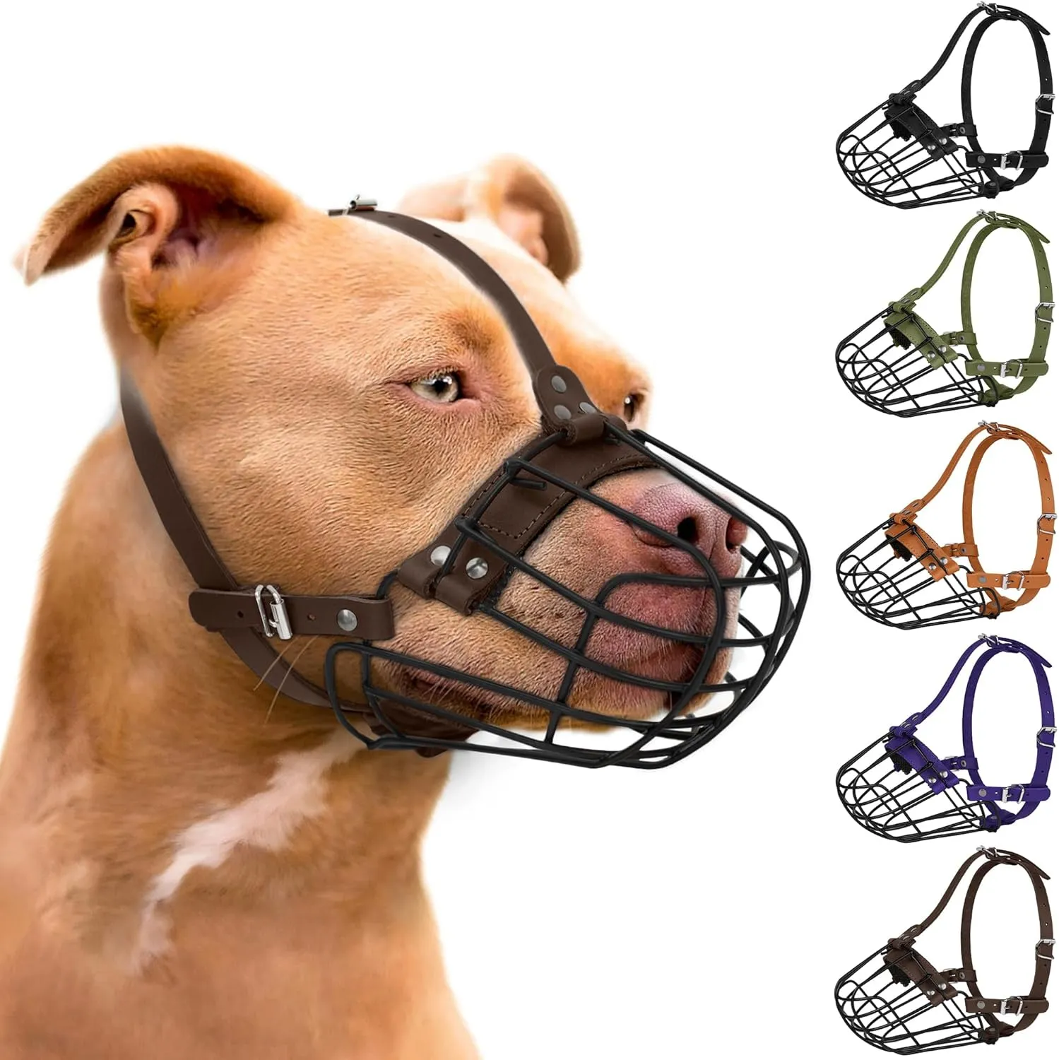 Pitbull Dog Muzzle Breathable Metal Basket for Large Dogs Amstaff Staffordshire Terrier Secure Wire Mask Adjustable Durable Leather Straps Biting Chewing Barking (Large, Dark Brown)