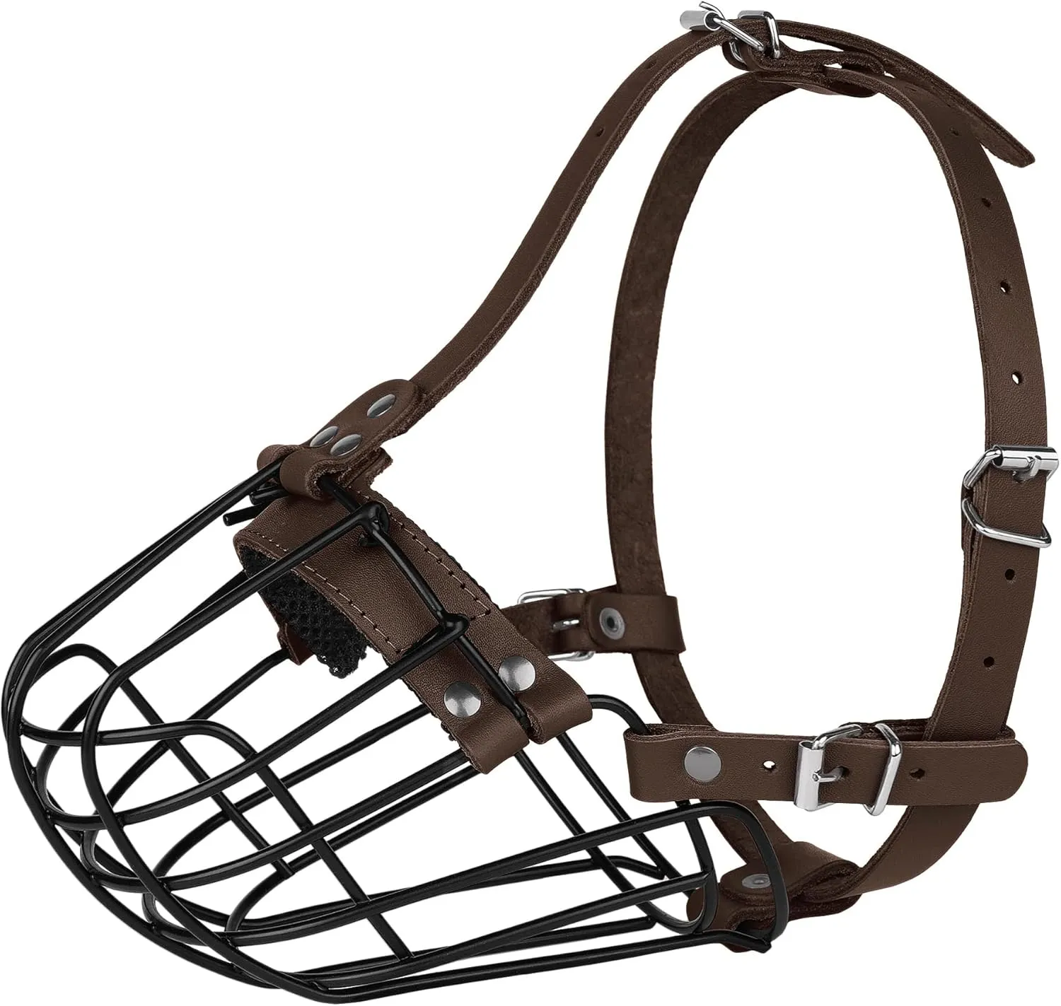 Pitbull Dog Muzzle Breathable Metal Basket for Large Dogs Amstaff Staffordshire Terrier Secure Wire Mask Adjustable Durable Leather Straps Biting Chewing Barking (Large, Dark Brown)