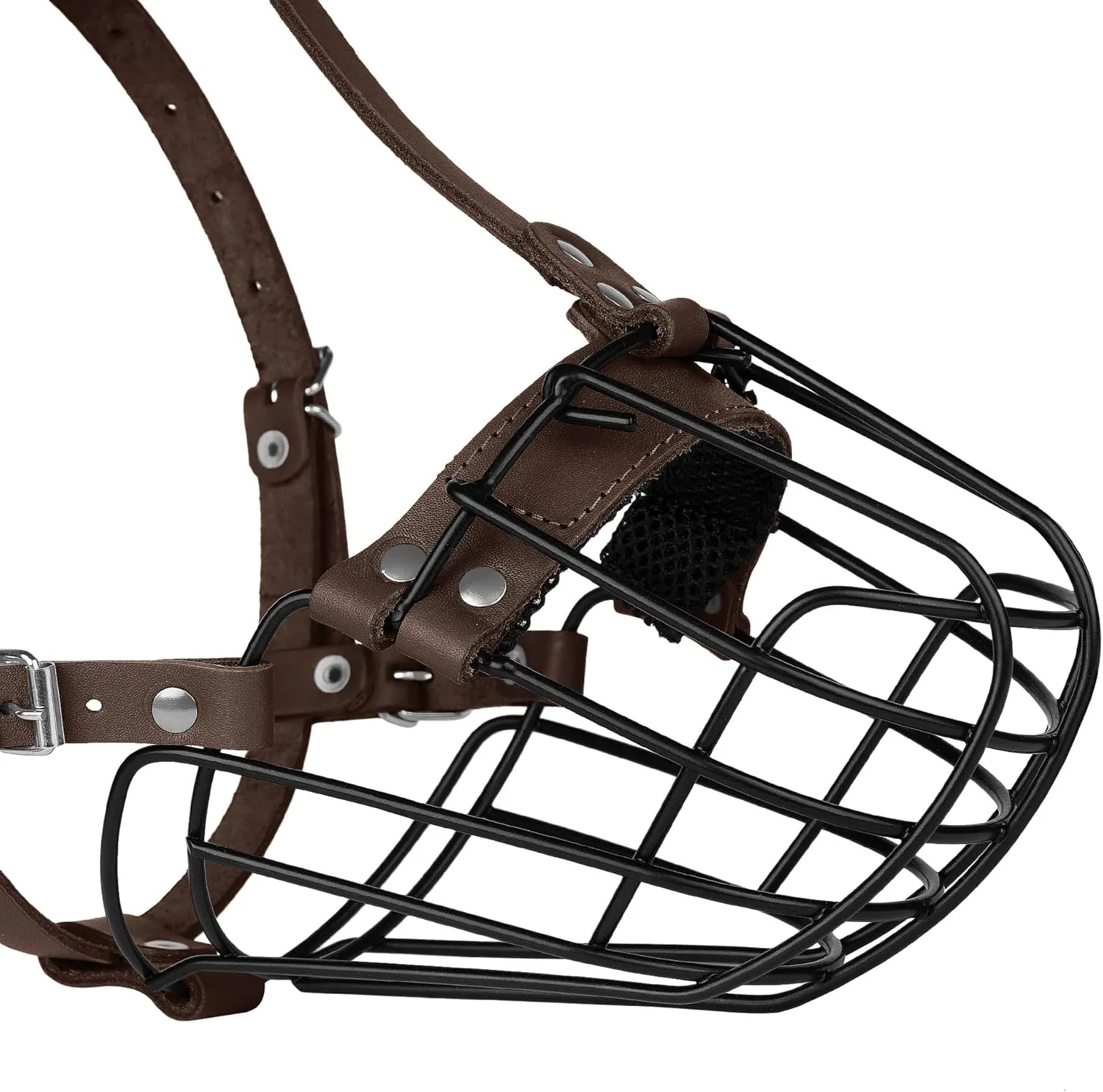Pitbull Dog Muzzle Breathable Metal Basket for Large Dogs Amstaff Staffordshire Terrier Secure Wire Mask Adjustable Durable Leather Straps Biting Chewing Barking (Large, Dark Brown)