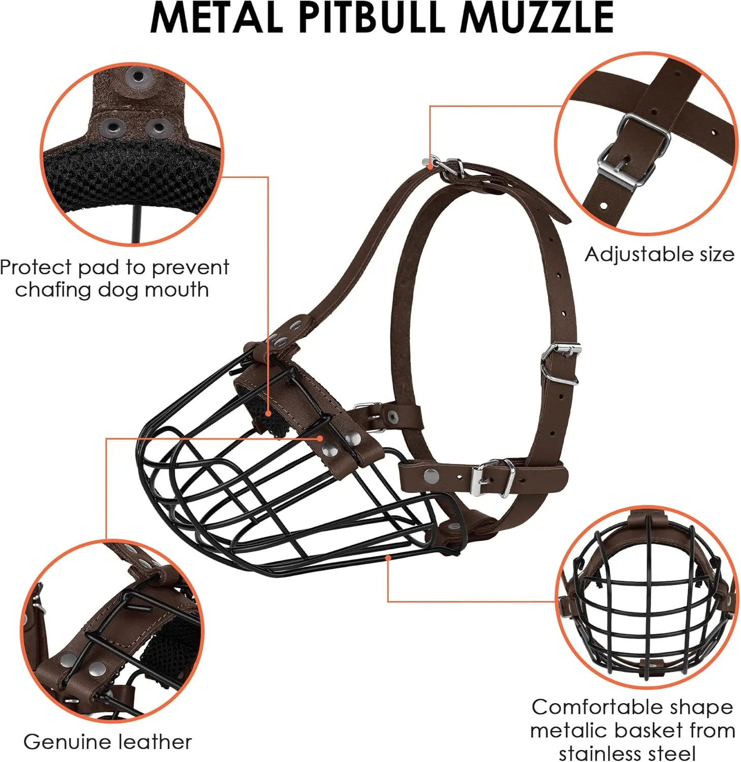 Pitbull Dog Muzzle Breathable Metal Basket for Large Dogs Amstaff Staffordshire Terrier Secure Wire Mask Adjustable Durable Leather Straps Biting Chewing Barking (Large, Dark Brown)