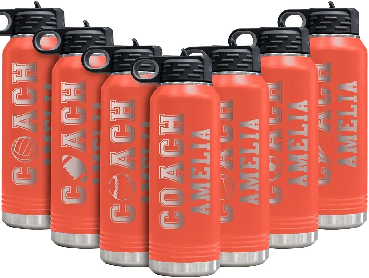 PlaqueMaker Customizable Coach Water Bottle - Include Your Personal Text (Coral)