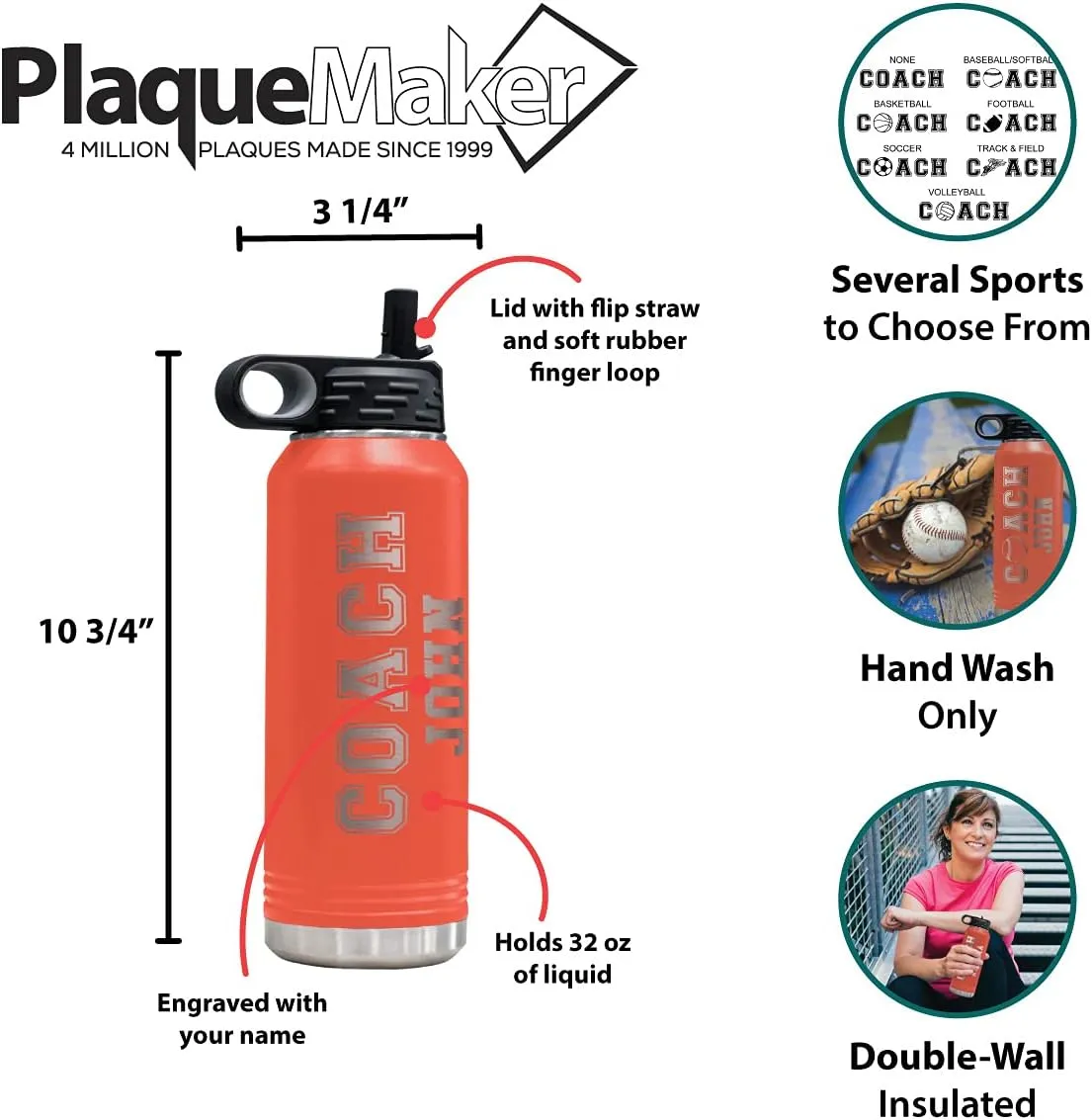 PlaqueMaker Customizable Coach Water Bottle - Include Your Personal Text (Coral)