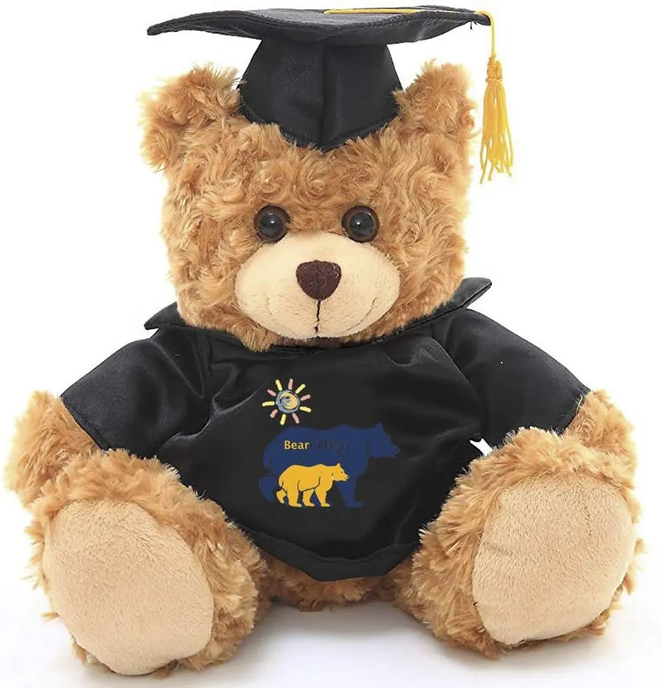 Plushland Plush Stuffed Animal Toys 12 Inches Present Gifts for Graduation Day, Personalized Text, Name or Your School Logo on Gown, Best for Any Grad School Kids (Black Gown)