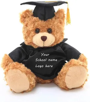Plushland Plush Stuffed Animal Toys 12 Inches Present Gifts for Graduation Day, Personalized Text, Name or Your School Logo on Gown, Best for Any Grad School Kids (Black Gown)