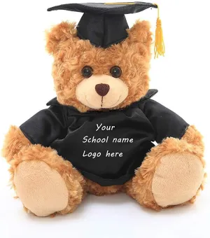 Plushland Plush Teddy Bear - Mocha Color for Graduation Day, Personalized Text, Name or Your School Logo on T-Shirt, Best for Any Grad School Kids, Boys, Girls A (6 Inches)