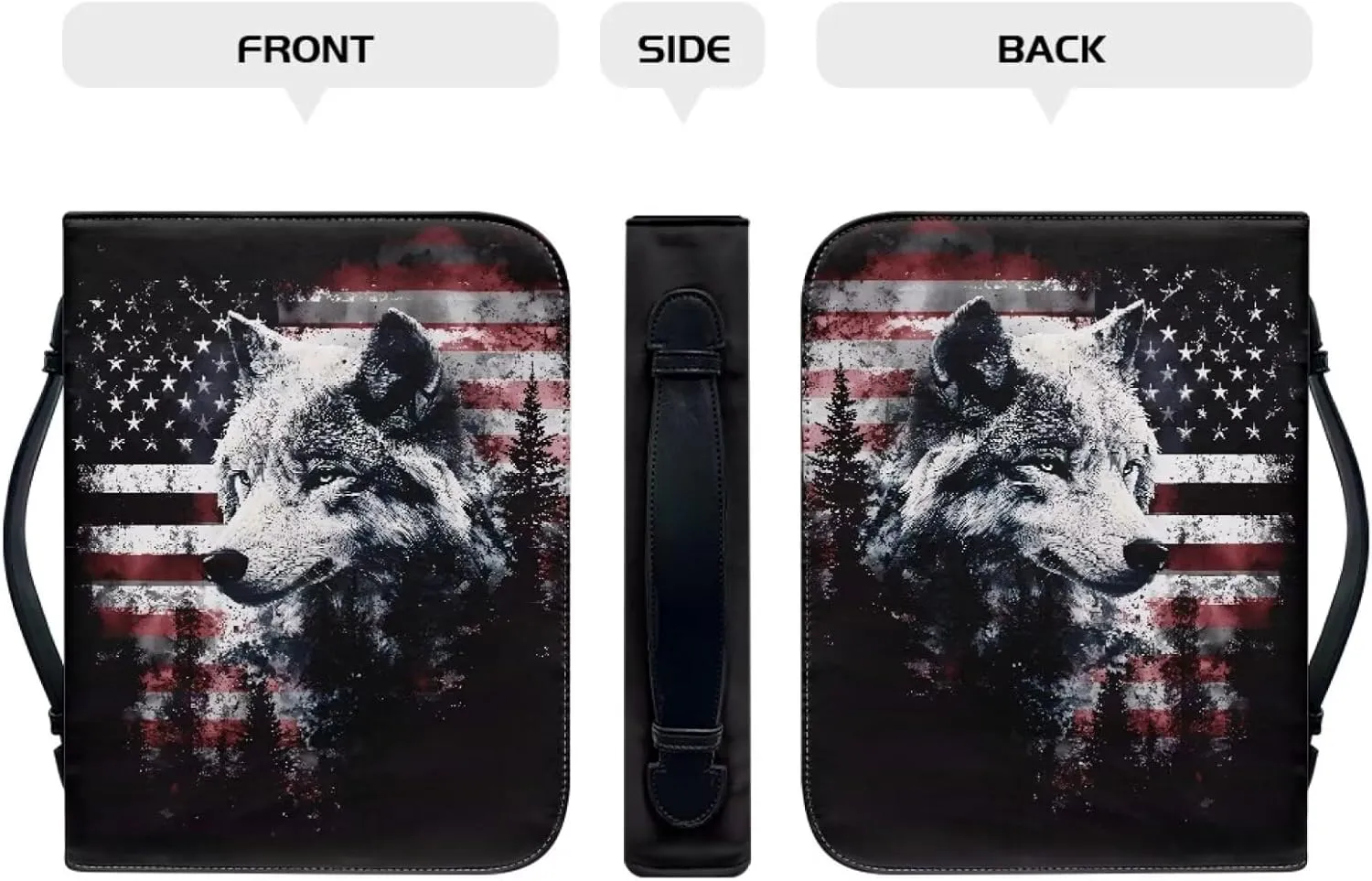 Poceacles American Flag Wolf Cedar Tree Bible Covers for Women Men, Book Case Church Bag Bible Study Case Protective Book Carrying Tote Sleeve Holder Pouch with Zippered Pocket, 2XL