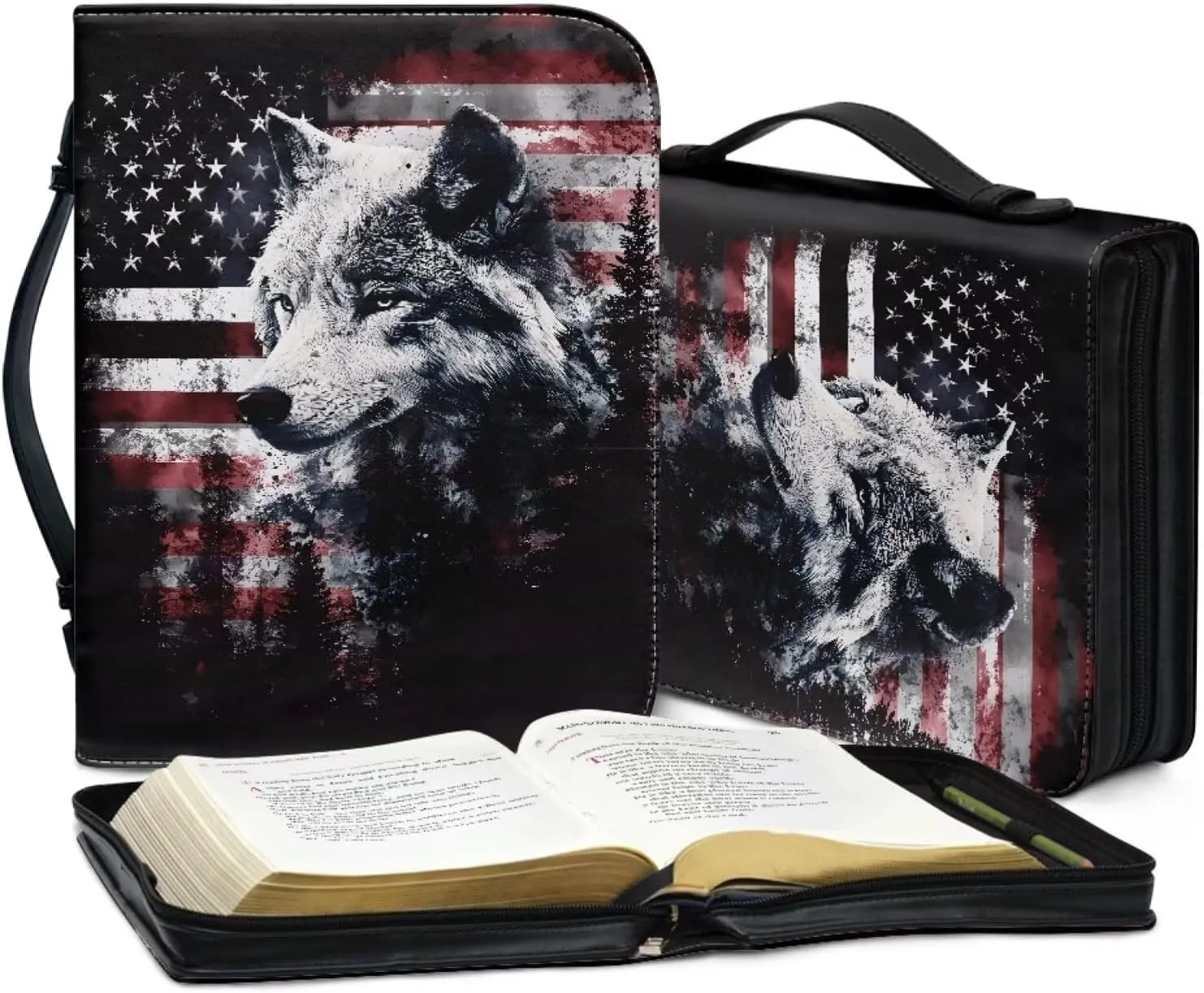 Poceacles American Flag Wolf Cedar Tree Bible Covers for Women Men, Book Case Church Bag Bible Study Case Protective Book Carrying Tote Sleeve Holder Pouch with Zippered Pocket, 2XL