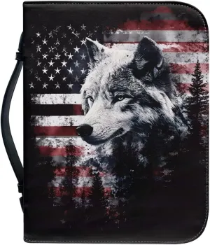 Poceacles American Flag Wolf Cedar Tree Bible Covers for Women Men, Book Case Church Bag Bible Study Case Protective Book Carrying Tote Sleeve Holder Pouch with Zippered Pocket, 2XL