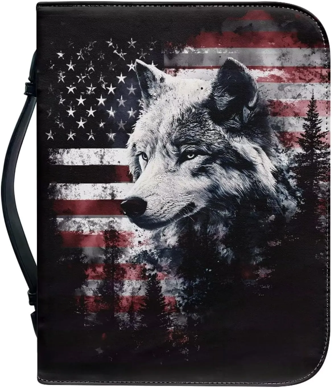 Poceacles American Flag Wolf Cedar Tree Bible Covers for Women Men, Book Case Church Bag Bible Study Case Protective Book Carrying Tote Sleeve Holder Pouch with Zippered Pocket, 2XL