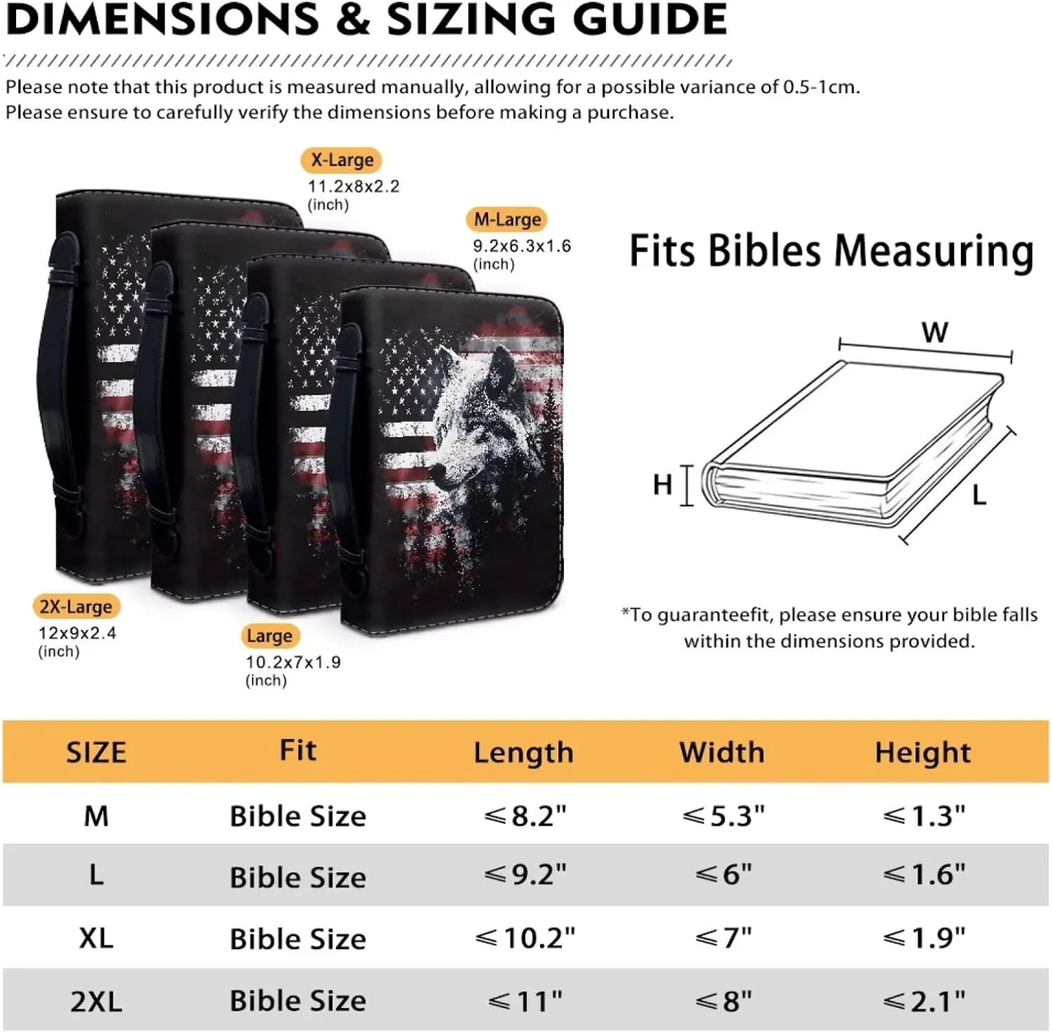 Poceacles American Flag Wolf Cedar Tree Bible Covers for Women Men, Book Case Church Bag Bible Study Case Protective Book Carrying Tote Sleeve Holder Pouch with Zippered Pocket, 2XL
