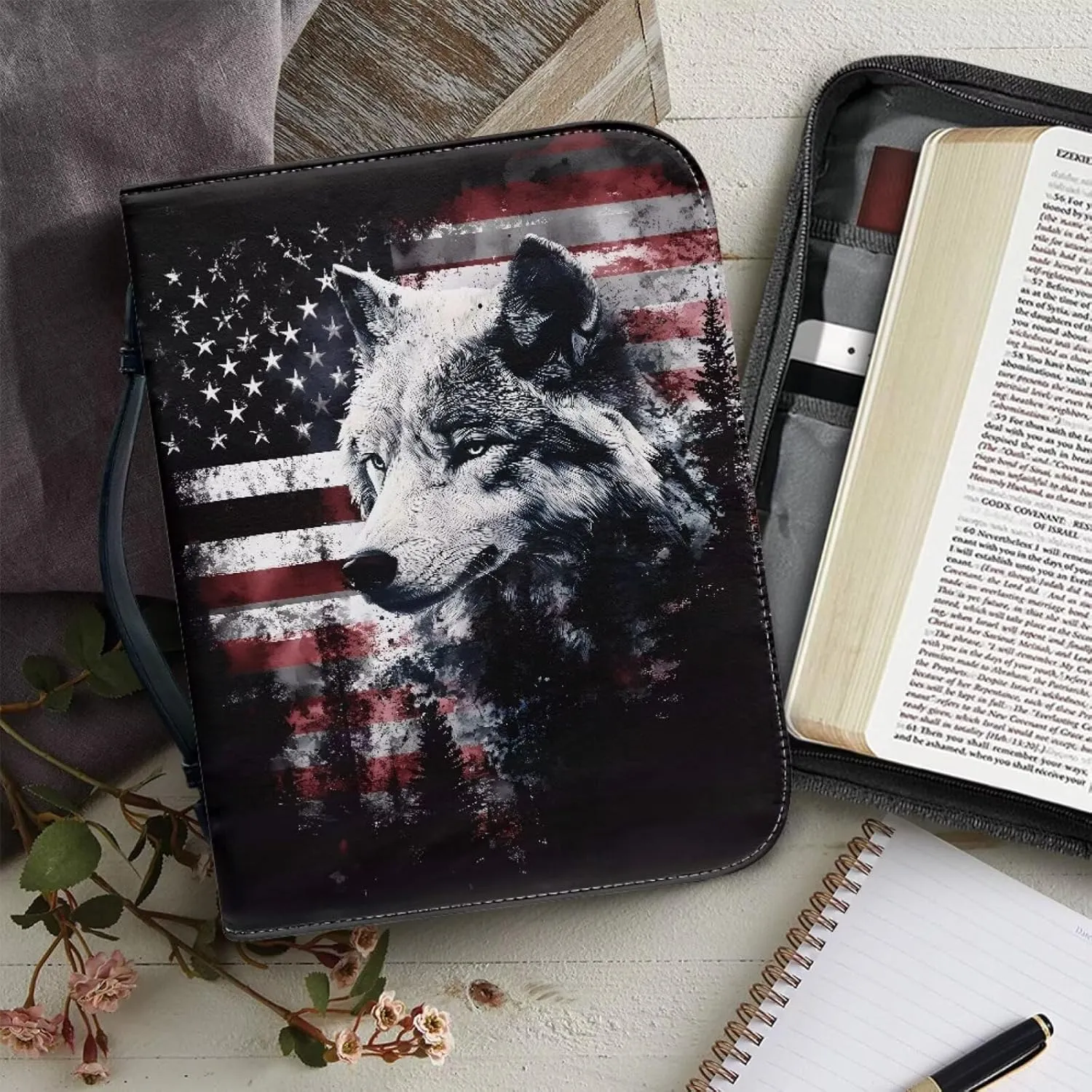 Poceacles American Flag Wolf Cedar Tree Bible Covers for Women Men, Book Case Church Bag Bible Study Case Protective Book Carrying Tote Sleeve Holder Pouch with Zippered Pocket, 2XL