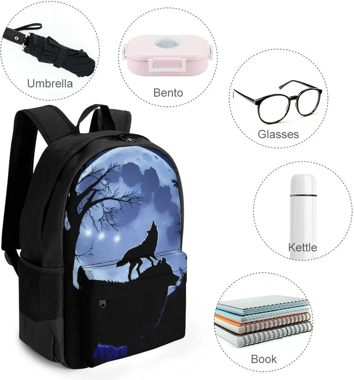 Polyester Daypack Backpack for Trekking Picnic Walking Cycling - Large Capacity Anti-Theft Multipurpose Shoulder Bag, Wolf Howling At The Moon Art Casual Daypack