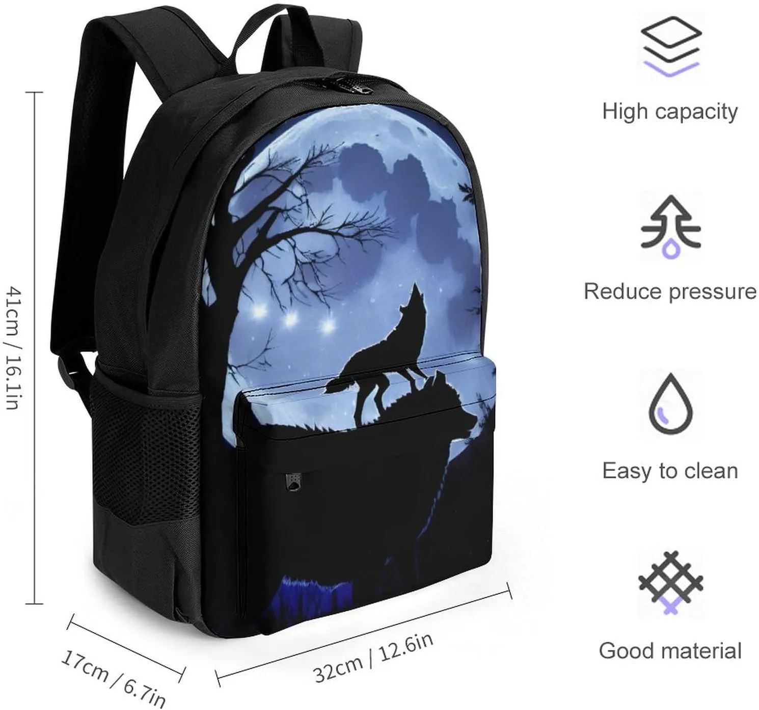 Polyester Daypack Backpack for Trekking Picnic Walking Cycling - Large Capacity Anti-Theft Multipurpose Shoulder Bag, Wolf Howling At The Moon Art Casual Daypack