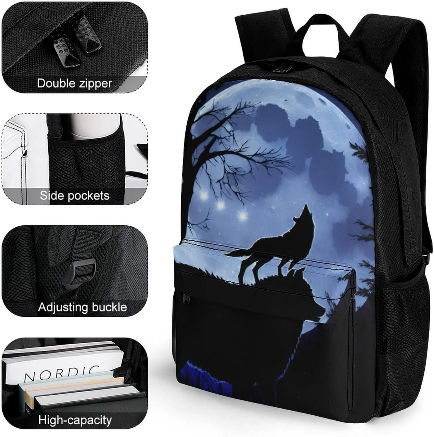Polyester Daypack Backpack for Trekking Picnic Walking Cycling - Large Capacity Anti-Theft Multipurpose Shoulder Bag, Wolf Howling At The Moon Art Casual Daypack