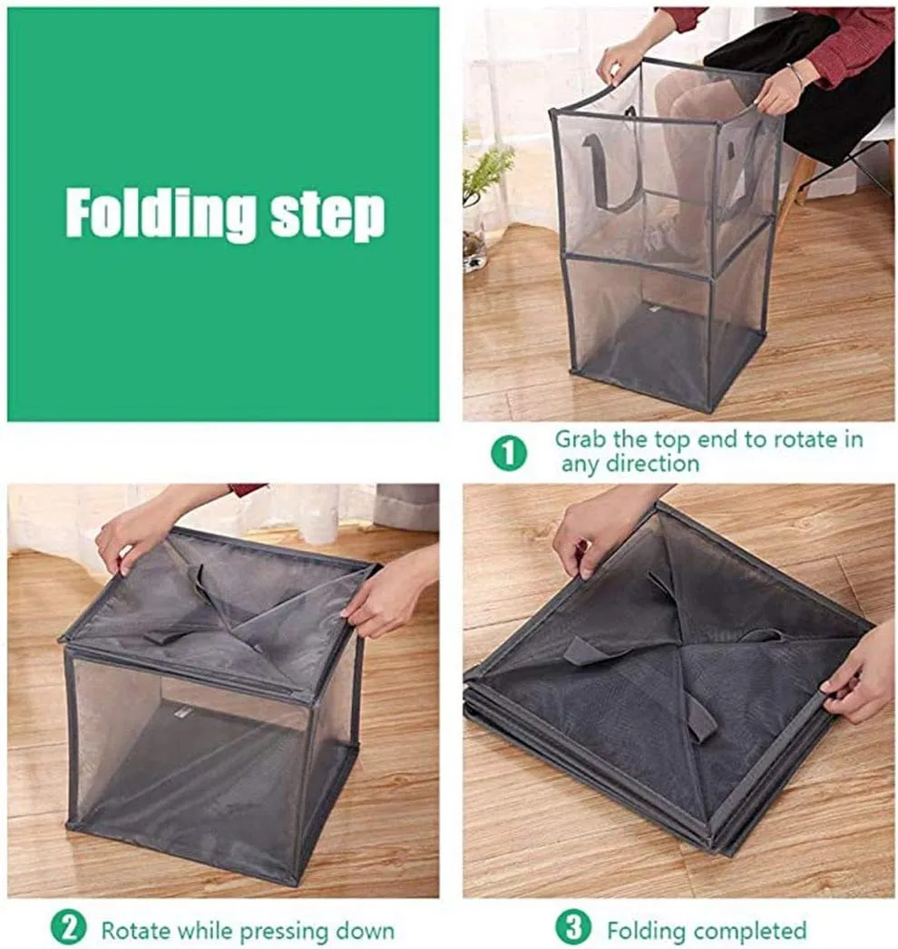 Pop Up Laundry Baskets - Mesh Collapsible Laundry Hampers Storage with Handle - Foldable for Washing Storage, Great for The Kids Room, College Dorm, Travel Organizer (Black/Double Layer)