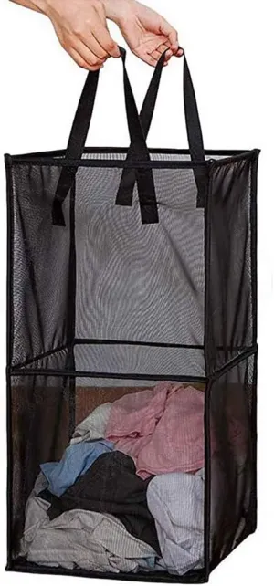 Pop Up Laundry Baskets - Mesh Collapsible Laundry Hampers Storage with Handle - Foldable for Washing Storage, Great for The Kids Room, College Dorm, Travel Organizer (Black/Double Layer)