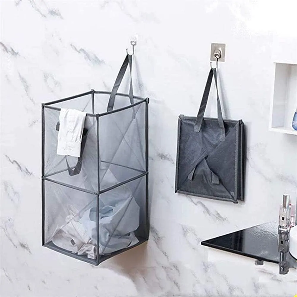 Pop Up Laundry Baskets - Mesh Collapsible Laundry Hampers Storage with Handle - Foldable for Washing Storage, Great for The Kids Room, College Dorm, Travel Organizer (Black/Double Layer)