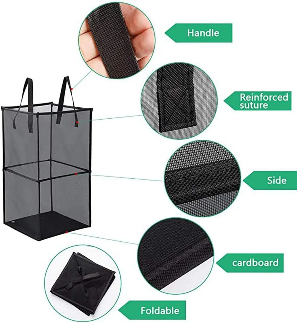 Pop Up Laundry Baskets - Mesh Collapsible Laundry Hampers Storage with Handle - Foldable for Washing Storage, Great for The Kids Room, College Dorm, Travel Organizer (Black/Double Layer)