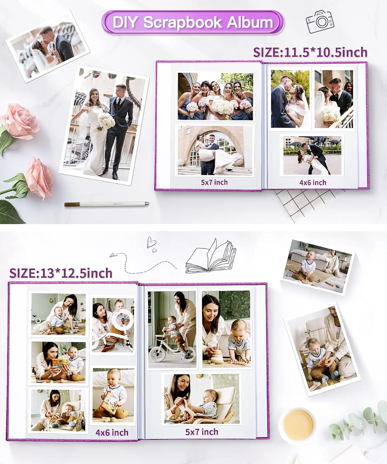 Popotop Photo Album Self Adhesive Scrapbook Album for 4x6 5x7 8x10 Pictures DIY Photo Book,Birthday Gifts for Women Mom,Wedding Baby Family Travel