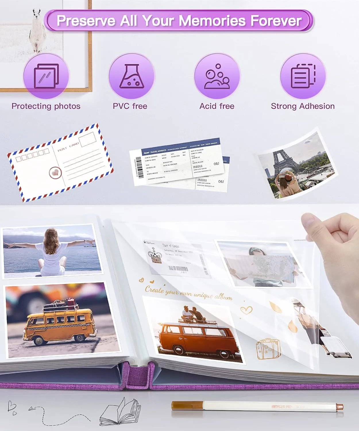 Popotop Photo Album Self Adhesive Scrapbook Album for 4x6 5x7 8x10 Pictures DIY Photo Book,Birthday Gifts for Women Mom,Wedding Baby Family Travel
