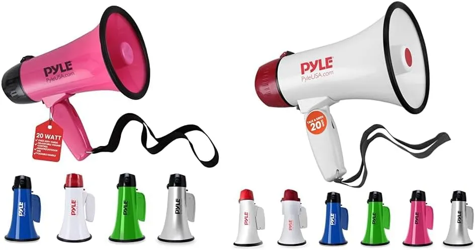 Portable Megaphone Speaker Siren Bullhorn - Compact and Battery Operated & Pyle Megaphone Speaker PA Bullhorn - 20 Watts & Adjustable Vol Control w/Built-in Siren & 800 Yard Range