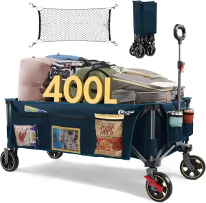 PORTAL 51.2" Long Wagons Carts Foldable with Brakes, Large Collapsible Wagon with Cargo Net, Side Pocket, Cup Holders, 350 LBs Heavy Duty Utility Grocery Wagons for Sports, Camping